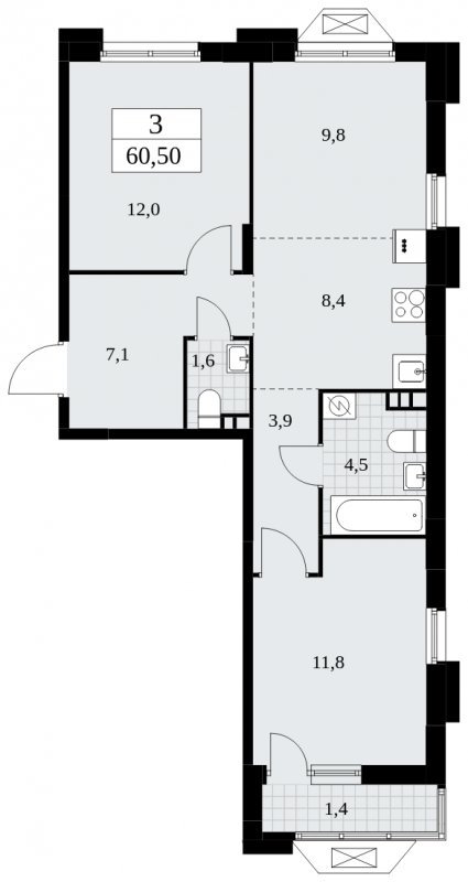 3-комнатная квартира (евро) без отделки, 60.5 м2, 3 этаж, сдача 1 квартал 2025 г., ЖК Бунинские кварталы, корпус 1.3 - объявление 1834566 - фото №1