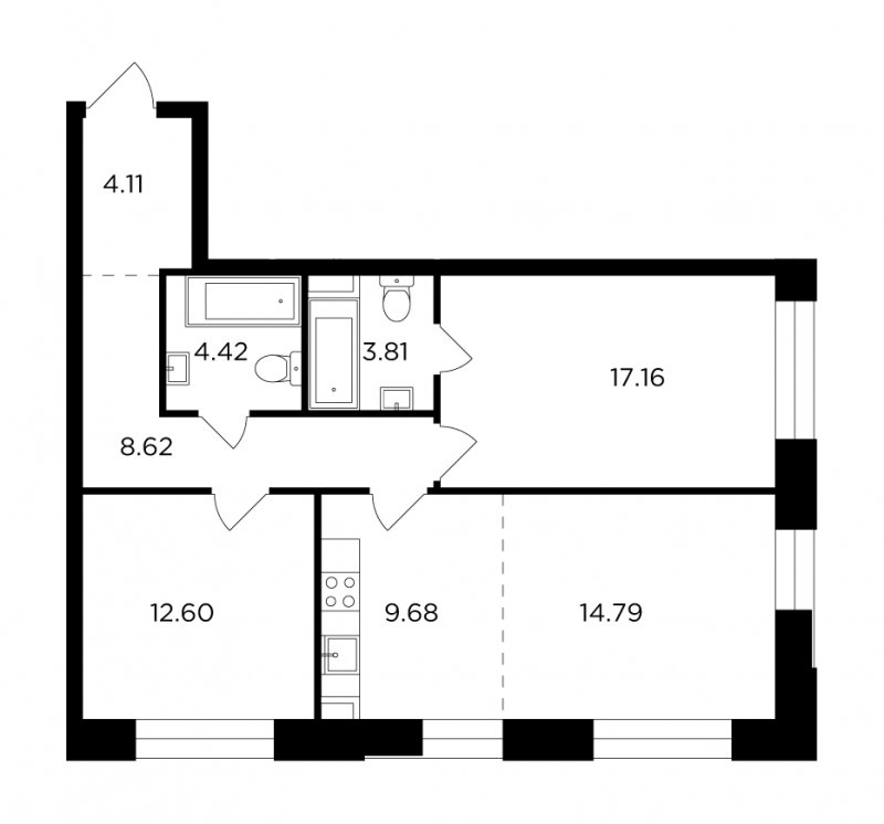 3-комнатная квартира без отделки, 75.19 м2, 15 этаж, сдача 4 квартал 2023 г., ЖК FORIVER, корпус 5 - объявление 1393302 - фото №1