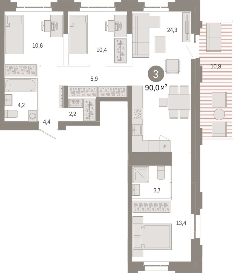 3-комнатная квартира 90 м2, 2 этаж, сдача 3 квартал 2026 г., ЖК Квартал Метроном, корпус 1 - объявление 2330853 - фото №1