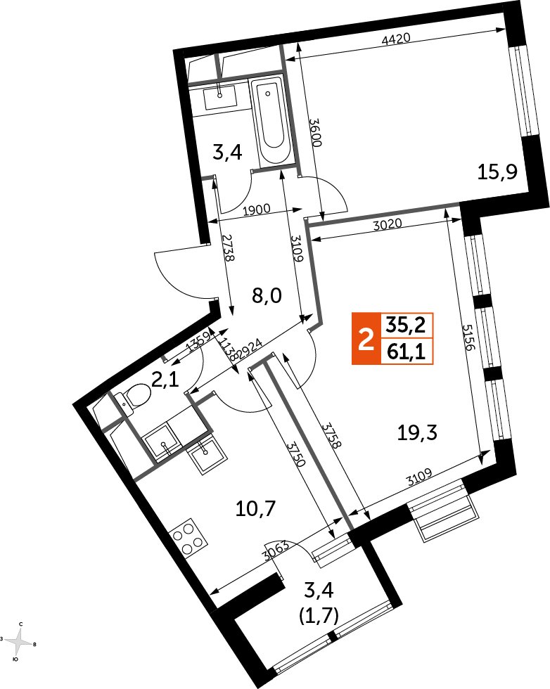 2-комнатная квартира без отделки, 61 м2, 10 этаж, дом сдан, ЖК UP-квартал Римский, корпус 7 - объявление 2405363 - фото №1