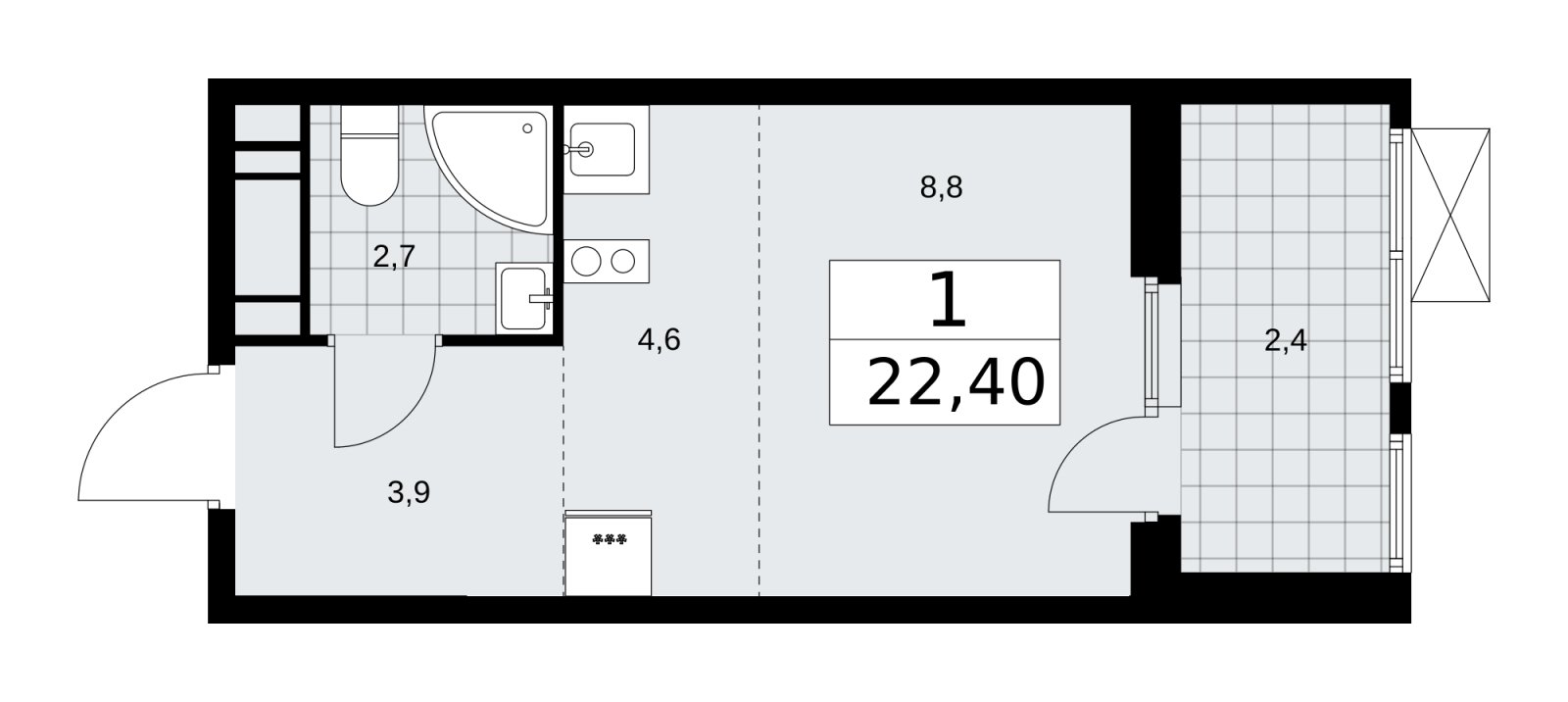 Студия с частичной отделкой, 22.4 м2, 13 этаж, сдача 4 квартал 2025 г., ЖК Бунинские кварталы, корпус 3.5 - объявление 2152227 - фото №1