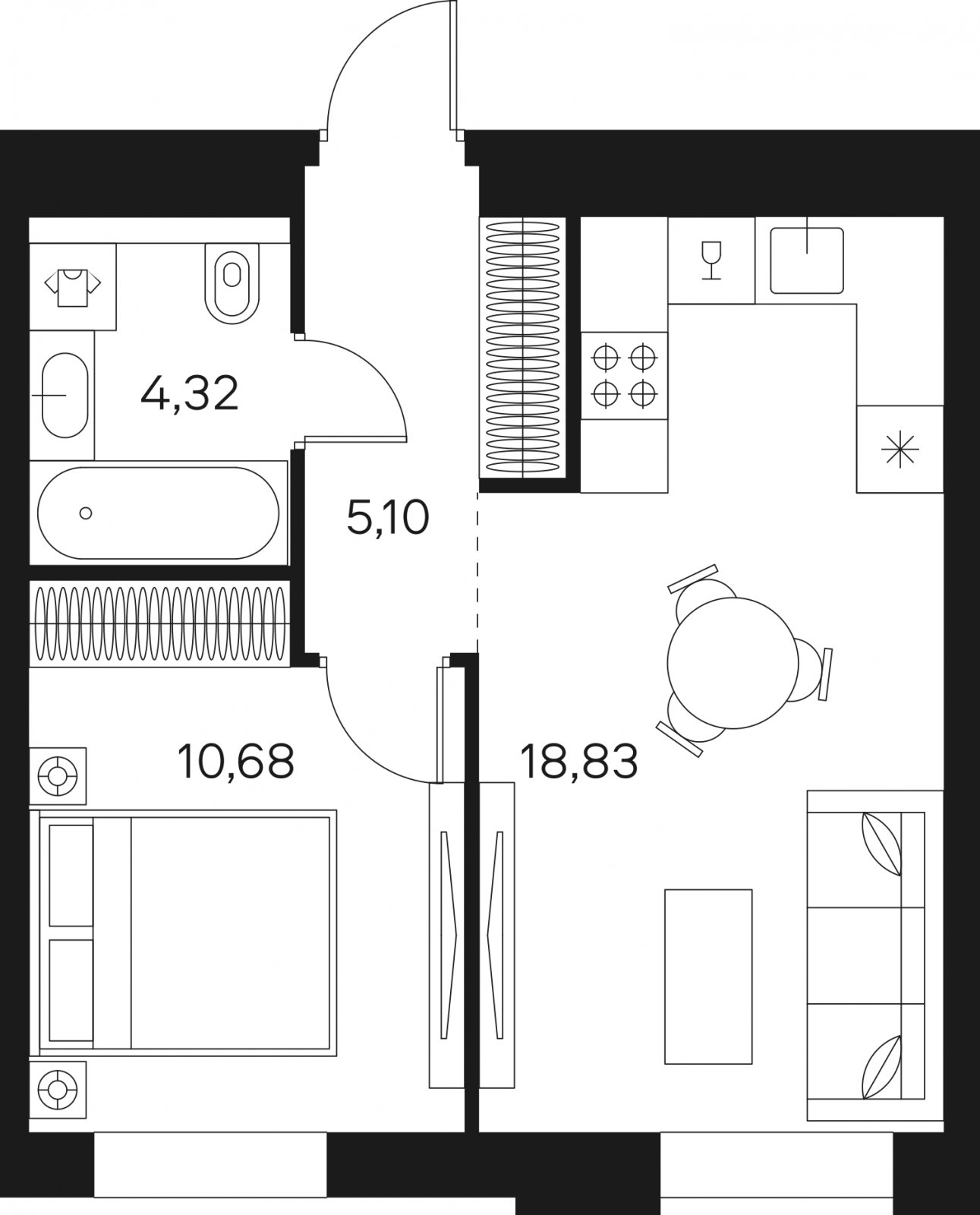 1-комнатная квартира без отделки, 38.93 м2, 6 этаж, сдача 4 квартал 2024 г., ЖК FØRST, корпус 1 - объявление 1942356 - фото №1