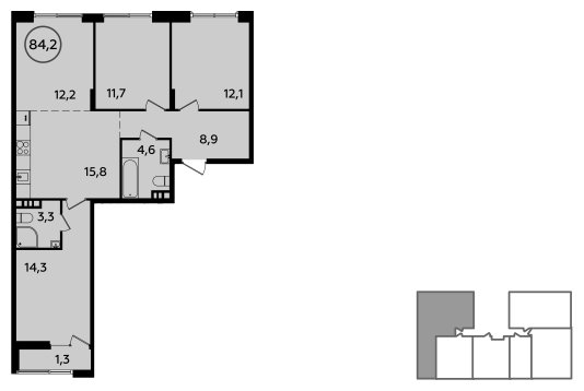 4-комнатная квартира (евро) без отделки, 84.2 м2, 3 этаж, сдача 1 квартал 2023 г., ЖК Прокшино, корпус 3.1 - объявление 1410803 - фото №1