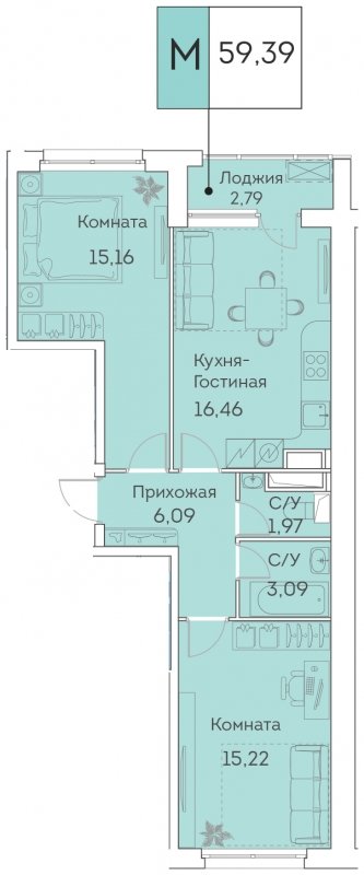 3-комнатная квартира (евро) с частичной отделкой, 59.39 м2, 22 этаж, сдача 3 квартал 2023 г., ЖК Аквилон BESIDE, корпус 1 - объявление 1577926 - фото №1