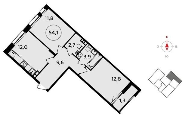 2-комнатная квартира без отделки, 54.1 м2, 3 этаж, сдача 3 квартал 2023 г., ЖК Прокшино, корпус 4.5 - объявление 1754543 - фото №1