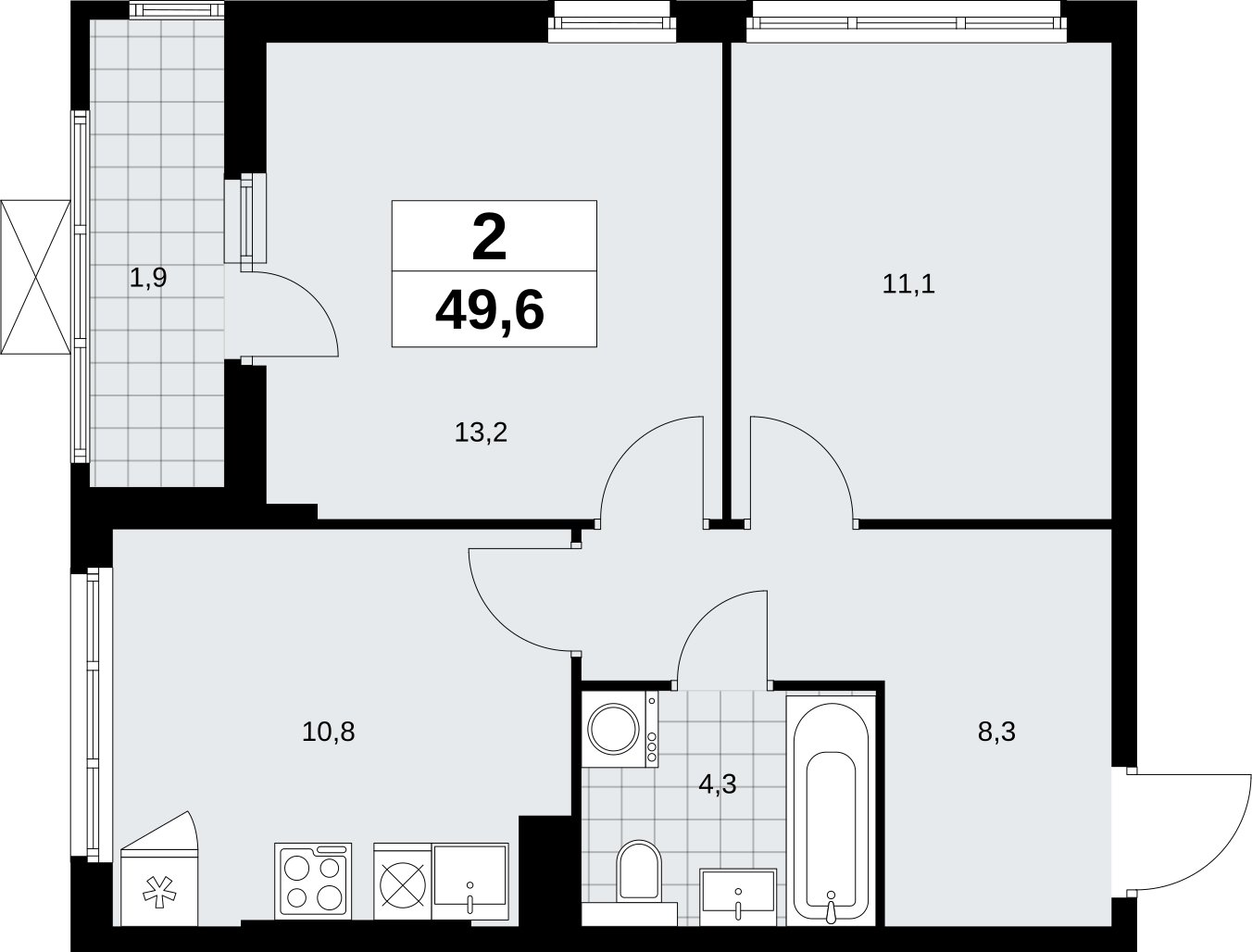 2-комнатная квартира без отделки, 49.6 м2, 14 этаж, сдача 2 квартал 2026 г., ЖК Бунинские кварталы, корпус 9.4 - объявление 2324595 - фото №1