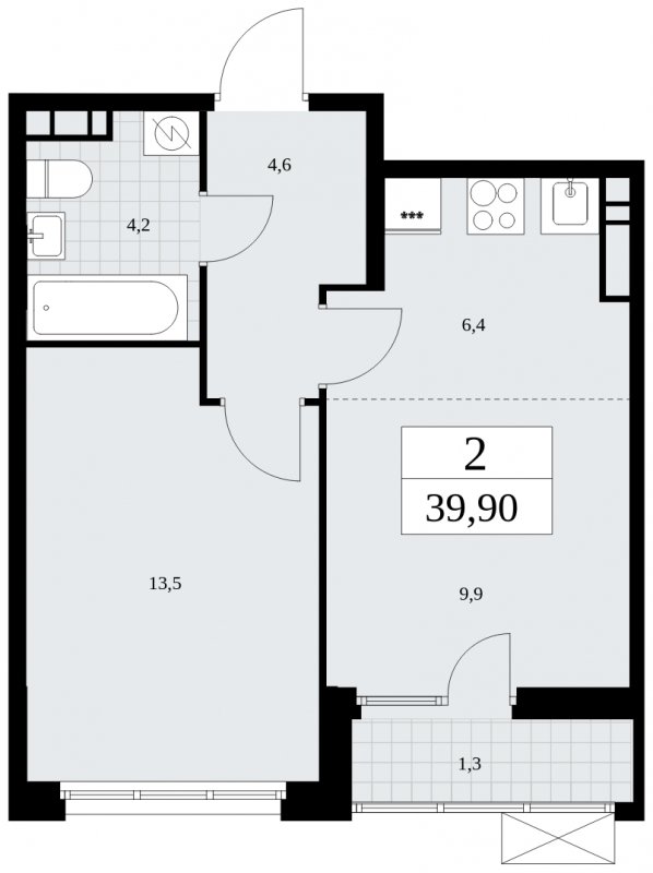 2-комнатная квартира (евро) с частичной отделкой, 39.9 м2, 9 этаж, сдача 4 квартал 2024 г., ЖК Бунинские кварталы, корпус 2.1 - объявление 1882334 - фото №1