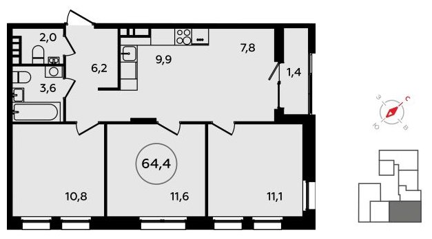 4-комнатная квартира (евро) без отделки, 64.4 м2, 5 этаж, сдача 3 квартал 2023 г., ЖК Прокшино, корпус 4.6 - объявление 1498640 - фото №1