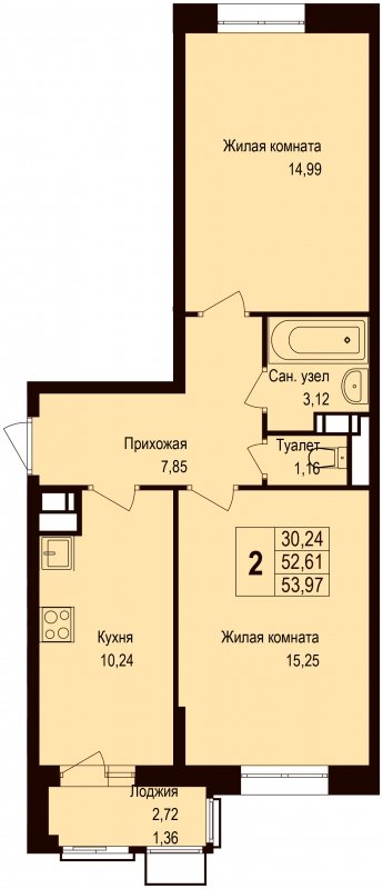 2-комнатная квартира без отделки, 53.97 м2, 2 этаж, дом сдан, ЖК Новая Щербинка, корпус 13 - объявление 1683346 - фото №1