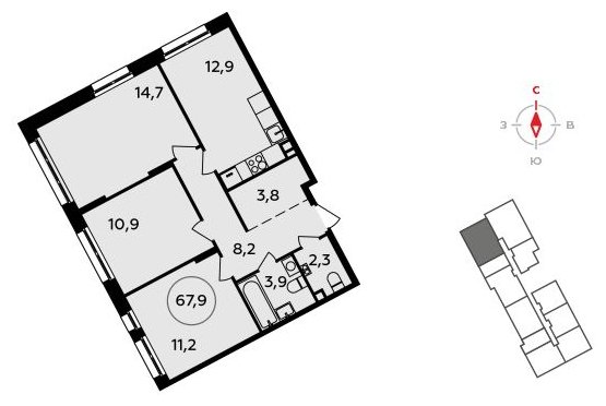 3-комнатная квартира без отделки, 67.9 м2, 2 этаж, сдача 3 квартал 2023 г., ЖК Прокшино, корпус 4.3 - объявление 1498080 - фото №1