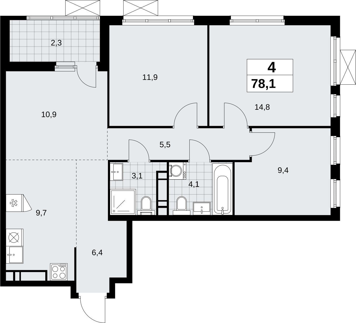 4-комнатная квартира (евро) без отделки, 78.1 м2, 13 этаж, сдача 4 квартал 2026 г., ЖК Скандинавия, корпус 2.18.1.2 - объявление 2350730 - фото №1