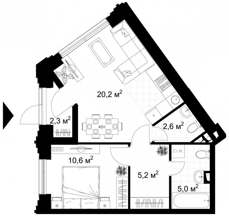 1-комнатная квартира без отделки, 45.9 м2, 1 этаж, сдача 4 квартал 2022 г., ЖК Kazakov Grand Loft, корпус 1 - объявление 1686228 - фото №1