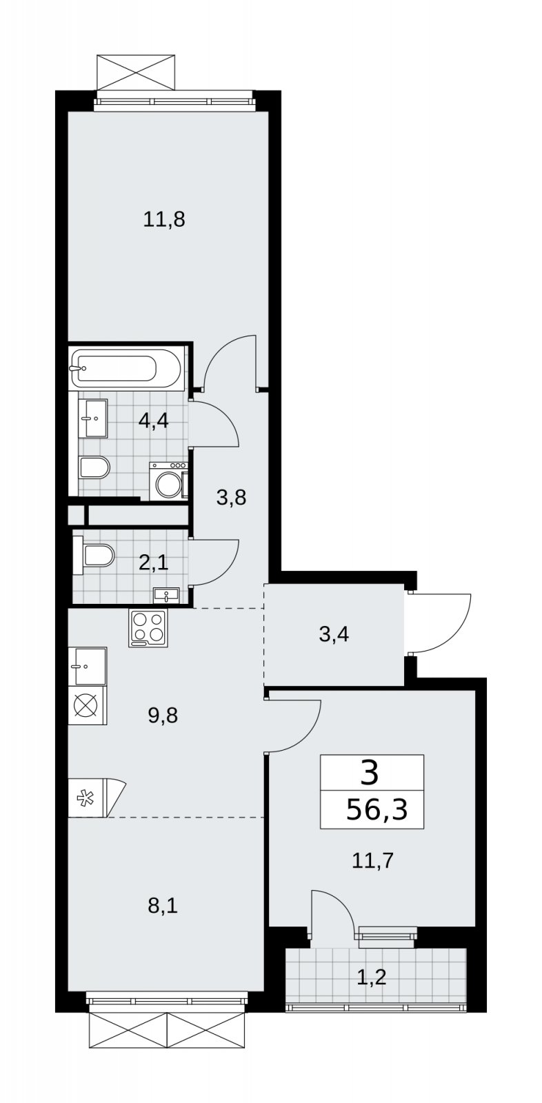 3-комнатная квартира (евро) с частичной отделкой, 56.3 м2, 11 этаж, сдача 2 квартал 2026 г., ЖК Прокшино, корпус 11.2.3 - объявление 2270536 - фото №1
