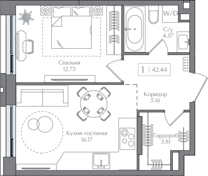 1-комнатная квартира без отделки, 42.44 м2, 4 этаж, сдача 3 квартал 2025 г., ЖК Преображенская площадь, корпус 3 - объявление 2404201 - фото №1