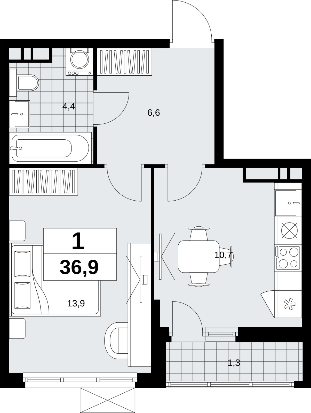 1-комнатная квартира без отделки, 36.9 м2, 7 этаж, сдача 4 квартал 2026 г., ЖК Скандинавия, корпус 2.18.2.5 - объявление 2351674 - фото №1