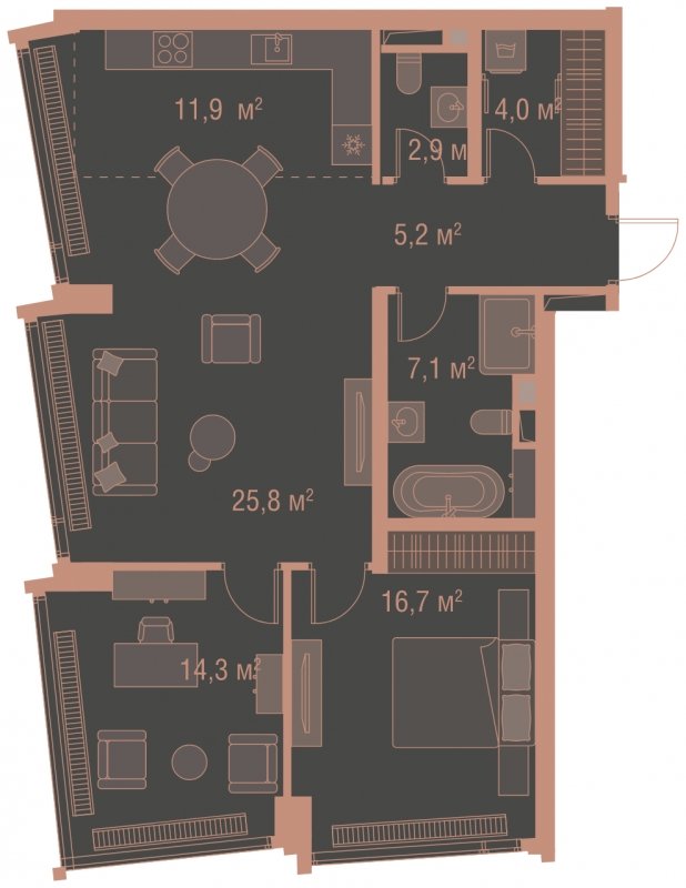 2-комнатная квартира без отделки, 87.9 м2, 11 этаж, сдача 1 квартал 2025 г., ЖК HIGH LIFE, корпус Heart Tower - объявление 1767895 - фото №1