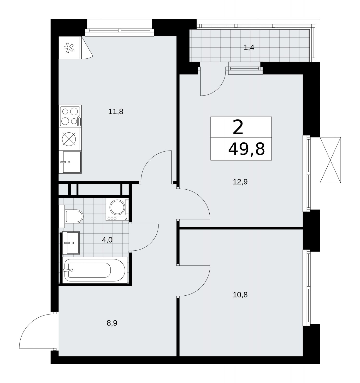 2-комнатная квартира без отделки, 49.8 м2, 12 этаж, сдача 2 квартал 2026 г., ЖК Скандинавия, корпус 25.4 - объявление 2284237 - фото №1