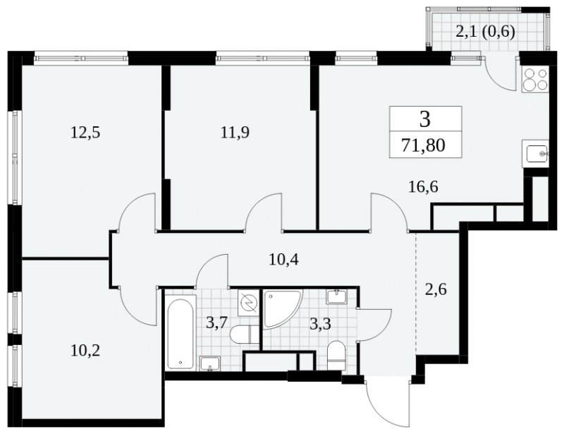 3-комнатная квартира без отделки, 71.8 м2, 23 этаж, сдача 2 квартал 2025 г., ЖК Южные сады, корпус 2.3 - объявление 1758392 - фото №1