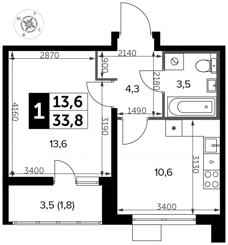 1-комнатная квартира с частичной отделкой, 33.8 м2, 5 этаж, сдача 3 квартал 2023 г., ЖК Южная Битца, корпус 11 - объявление 1771599 - фото №1