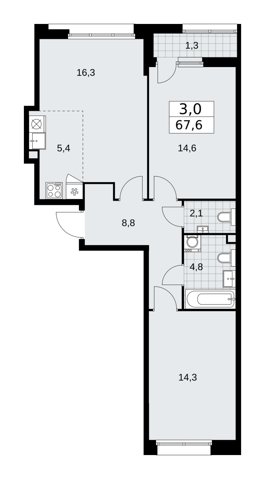 3-комнатная квартира (евро) с частичной отделкой, 67.6 м2, 2 этаж, сдача 1 квартал 2026 г., ЖК Бунинские кварталы, корпус 6.3 - объявление 2252608 - фото №1
