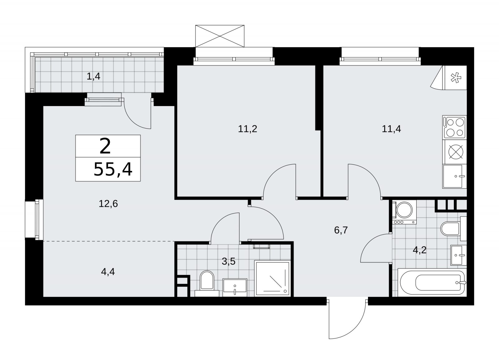 2-комнатная квартира без отделки, 55.4 м2, 3 этаж, сдача 2 квартал 2026 г., ЖК Скандинавия, корпус 25.4 - объявление 2284024 - фото №1
