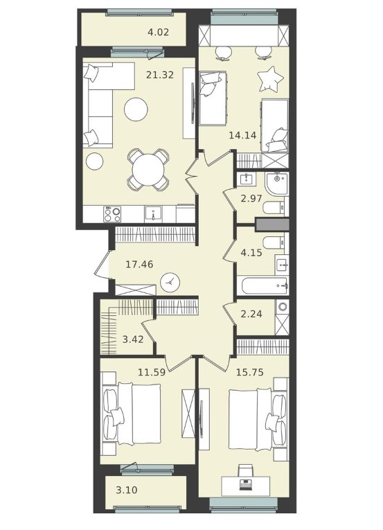 3-комнатная квартира без отделки, 96.6 м2, 1 этаж, сдача 1 квартал 2024 г., ЖК Мишино-2, корпус 8 - объявление 1945866 - фото №1