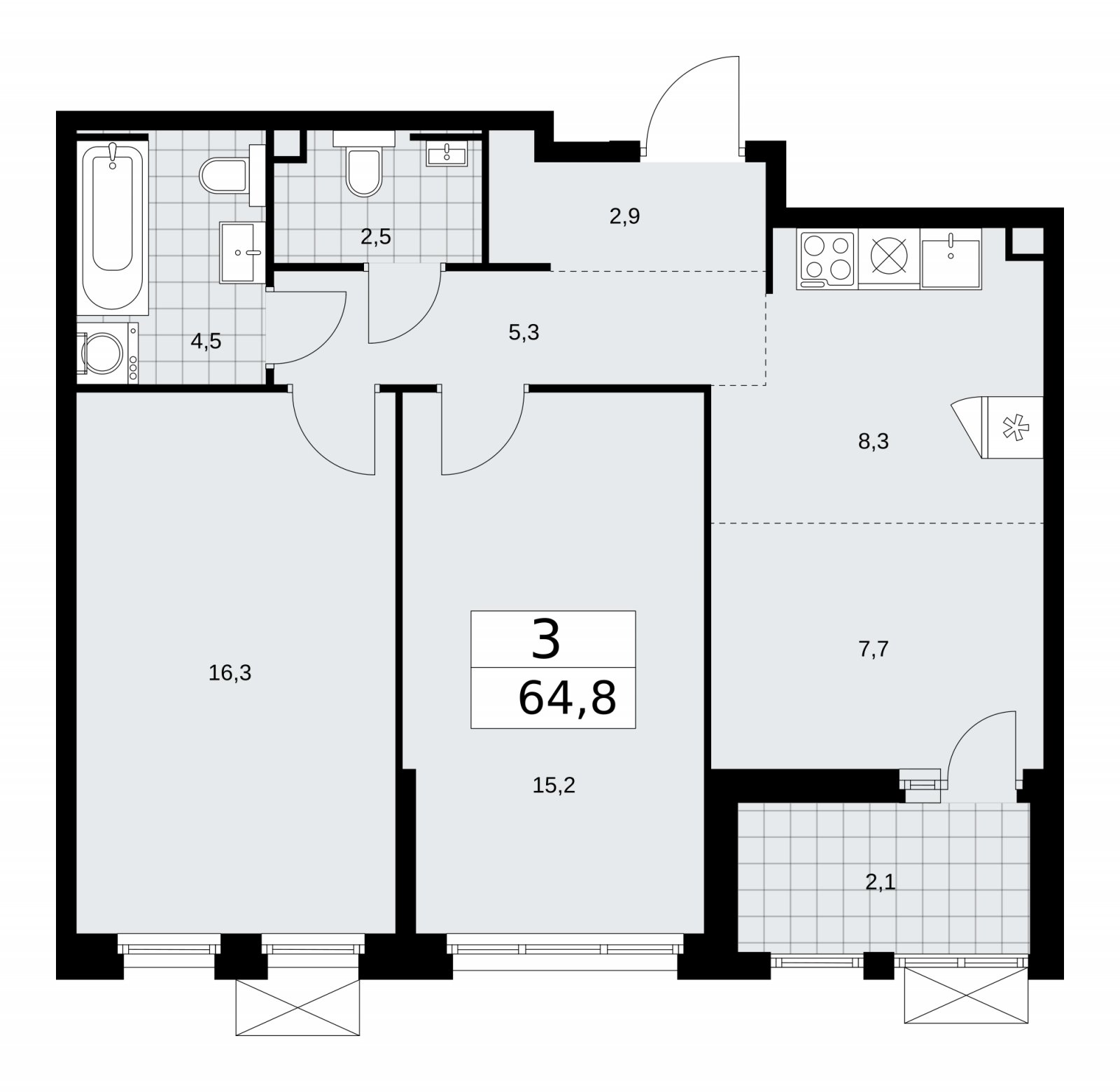 3-комнатная квартира (евро) без отделки, 64.8 м2, 2 этаж, сдача 2 квартал 2026 г., ЖК Скандинавия, корпус 25.6 - объявление 2284244 - фото №1