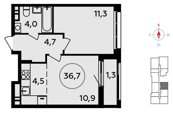 2-комнатная квартира (евро) с полной отделкой, 36.7 м2, 9 этаж, сдача 4 квартал 2023 г., ЖК Прокшино, корпус 4.2 - объявление 1966799 - фото №1