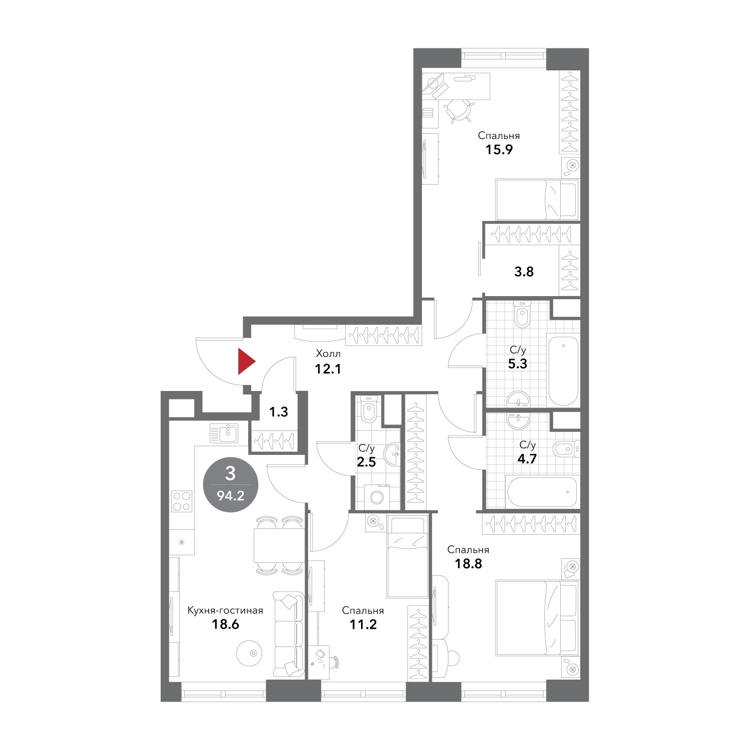 3-комнатная квартира без отделки, 94.2 м2, 2 этаж, сдача 3 квартал 2025 г., ЖК VOXHALL, корпус 2 - объявление 1981872 - фото №1