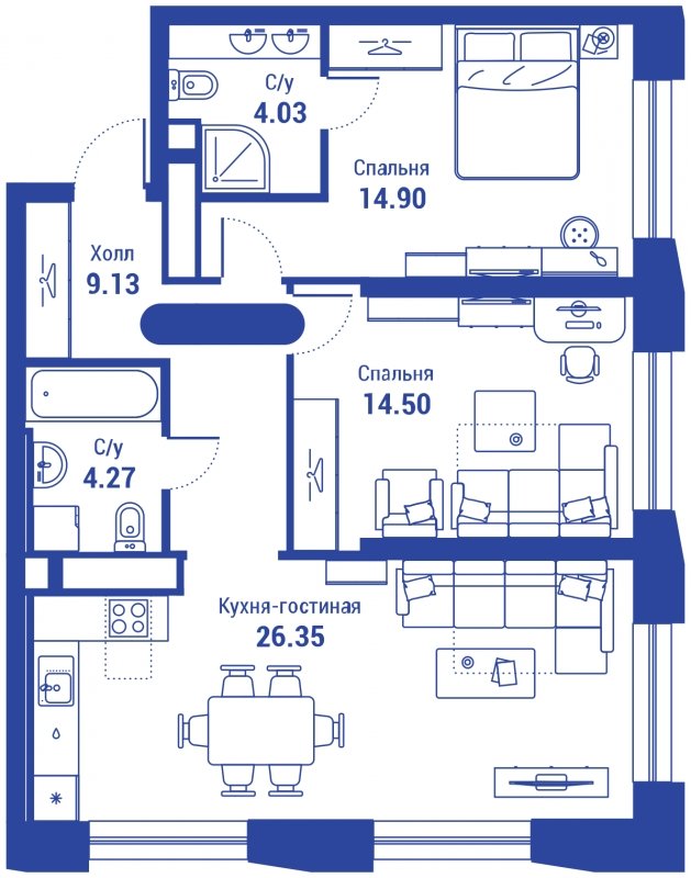 3-комнатная квартира с полной отделкой, 73.18 м2, 21 этаж, сдача 3 квартал 2024 г., ЖК iLove, корпус 2 - объявление 1714712 - фото №1