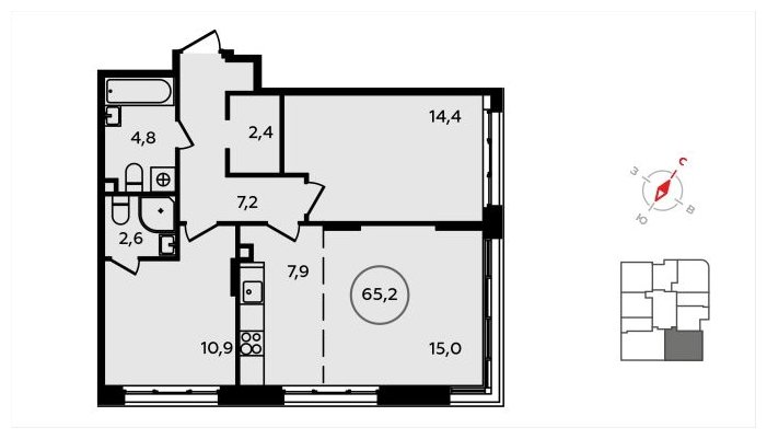 3-комнатная квартира (евро) с полной отделкой, 65.2 м2, 2 этаж, сдача 3 квартал 2024 г., ЖК Скандинавия, корпус 2.22.5 - объявление 1625750 - фото №1