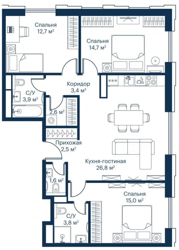 3-комнатная квартира с частичной отделкой, 87.65 м2, 18 этаж, сдача 2 квартал 2023 г., ЖК City Bay, корпус Indian Ocean 7 - объявление 1695879 - фото №1
