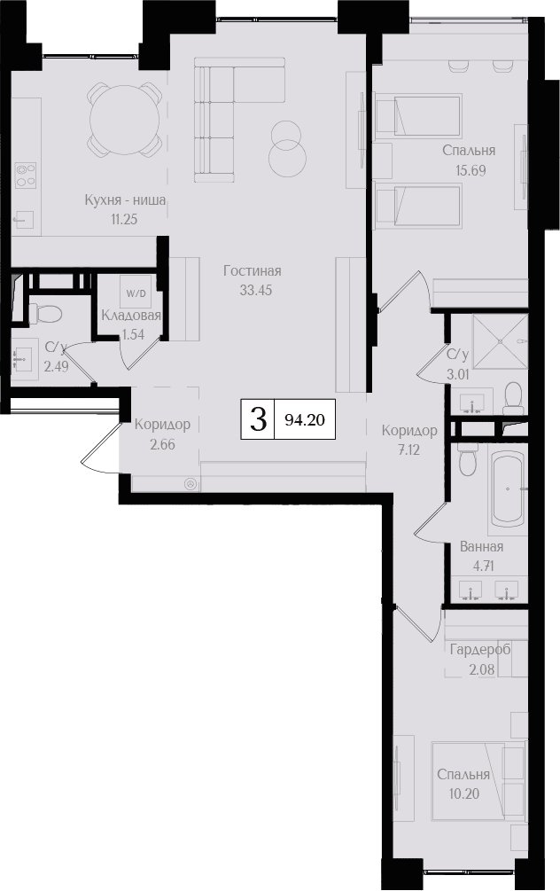 3-комнатная квартира (евро) без отделки, 94.2 м2, 4 этаж, сдача 3 квартал 2024 г., ЖК Преображенская площадь, корпус 2 - объявление 2279788 - фото №1