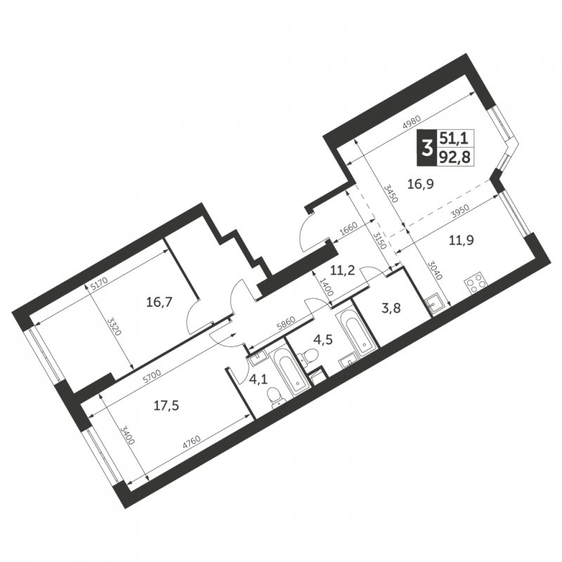 3-комнатная квартира без отделки, 92.8 м2, 38 этаж, сдача 4 квартал 2023 г., ЖК Архитектор, корпус 3 - объявление 1612631 - фото №1