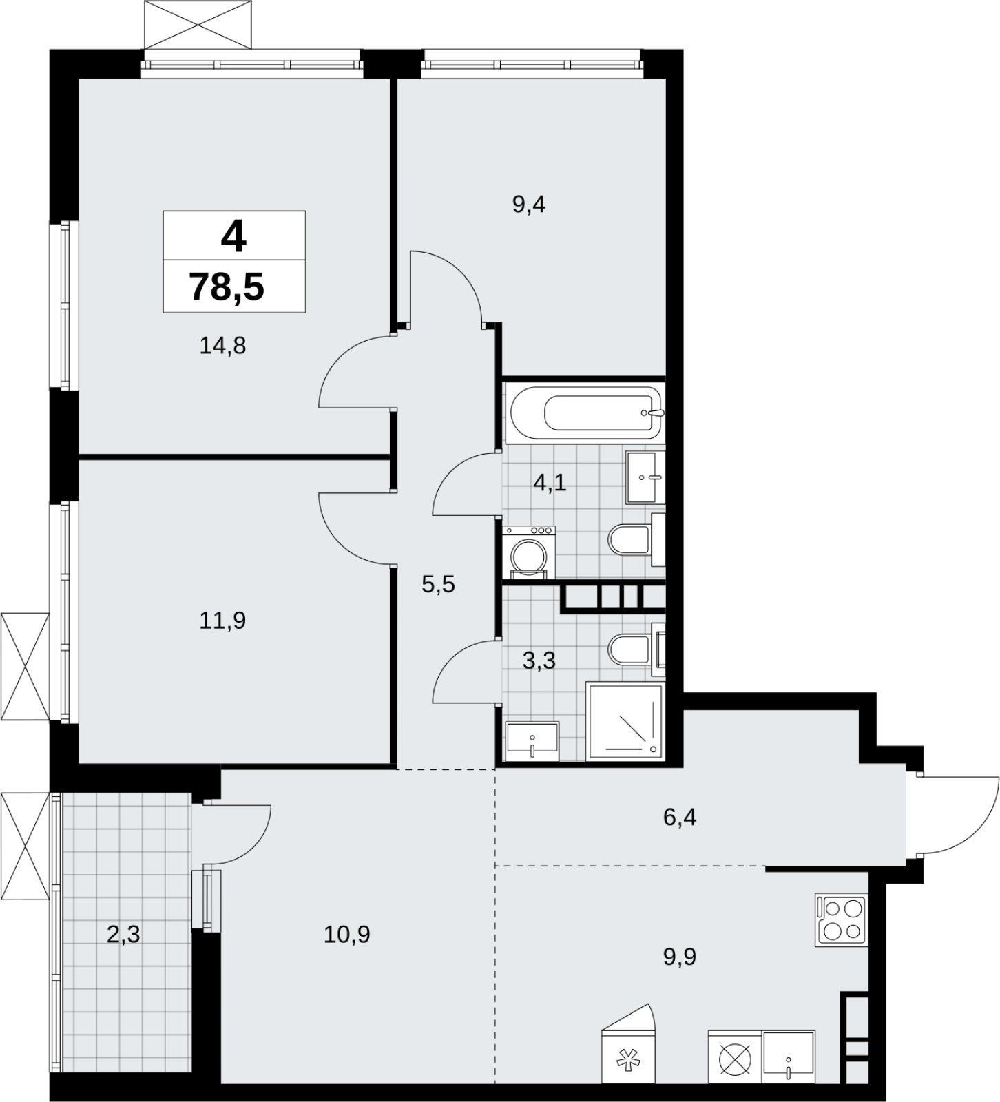 4-комнатная квартира (евро) без отделки, 78.5 м2, 4 этаж, сдача 4 квартал 2026 г., ЖК Скандинавия, корпус 2.18.1.4 - объявление 2350950 - фото №1