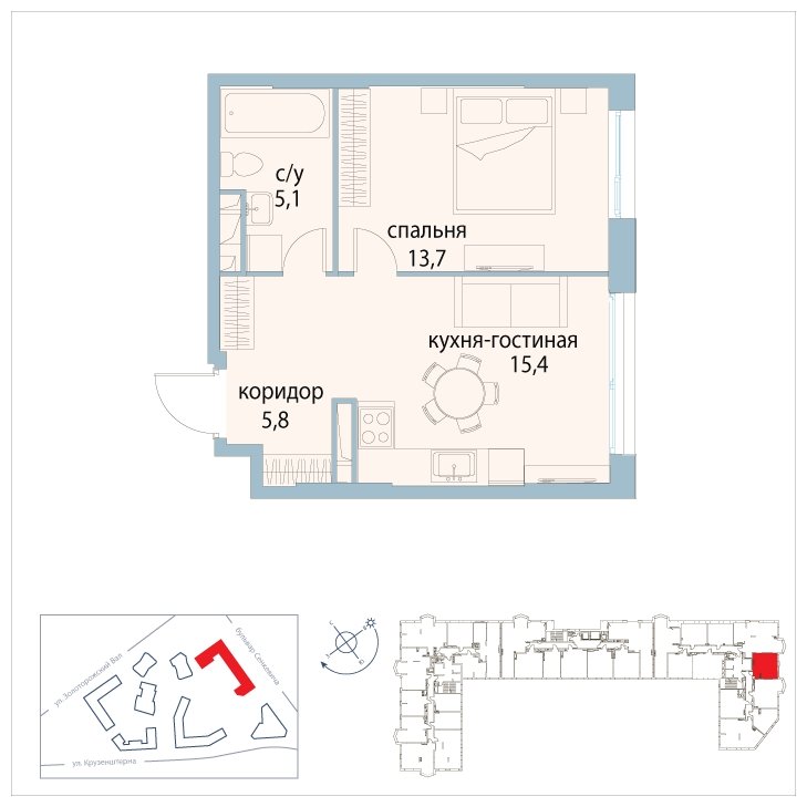 1-комнатная квартира без отделки, 40 м2, 11 этаж, сдача 3 квартал 2025 г., ЖК Символ, корпус 31 (квартал "Вдохновение") - объявление 2025571 - фото №1