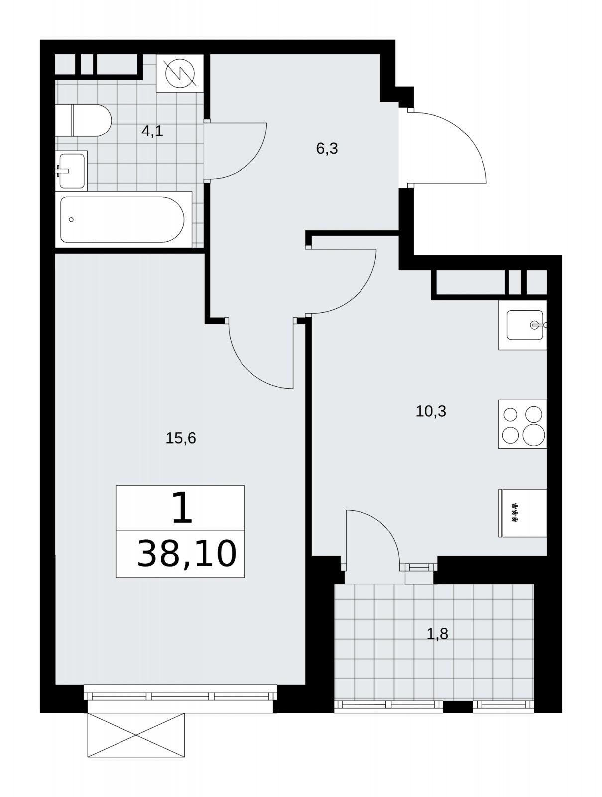 1-комнатная квартира с частичной отделкой, 38.1 м2, 12 этаж, сдача 4 квартал 2025 г., ЖК Бунинские кварталы, корпус 3.5 - объявление 2152219 - фото №1