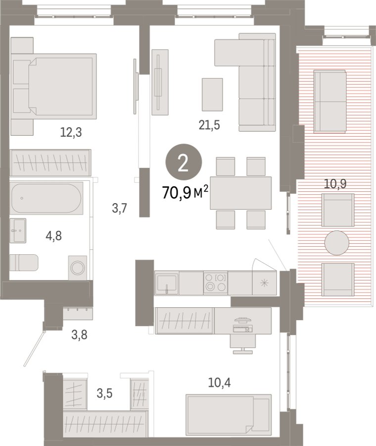 2-комнатная квартира с частичной отделкой, 70.9 м2, 2 этаж, сдача 3 квартал 2026 г., ЖК Квартал Метроном, корпус 1 - объявление 2331087 - фото №1