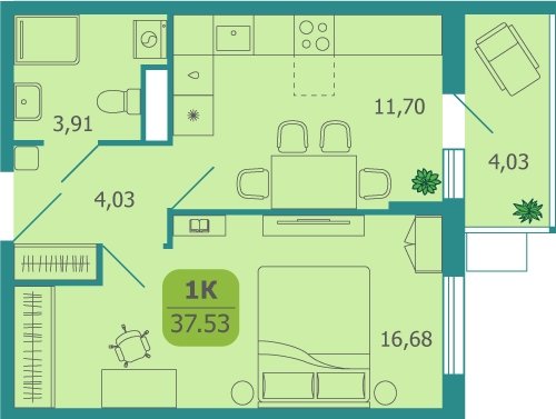 1-комнатная квартира без отделки, 37.53 м2, 7 этаж, сдача 2 квартал 2025 г., ЖК Десятка, корпус 7 - объявление 2323356 - фото №1