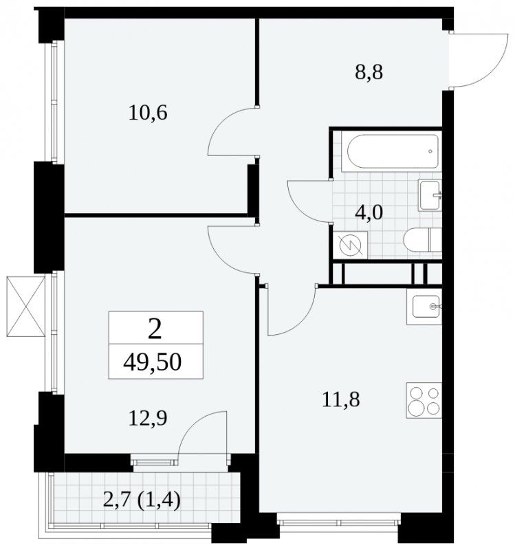 2-комнатная квартира с частичной отделкой, 49.5 м2, 14 этаж, сдача 4 квартал 2024 г., ЖК Скандинавия, корпус 2.27.4 - объявление 1840776 - фото №1