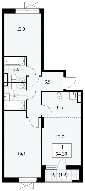 3-комнатная квартира (евро) без отделки, 64.3 м2, 9 этаж, сдача 1 квартал 2025 г., ЖК Прокшино, корпус 5.1.3 - объявление 1810763 - фото №1