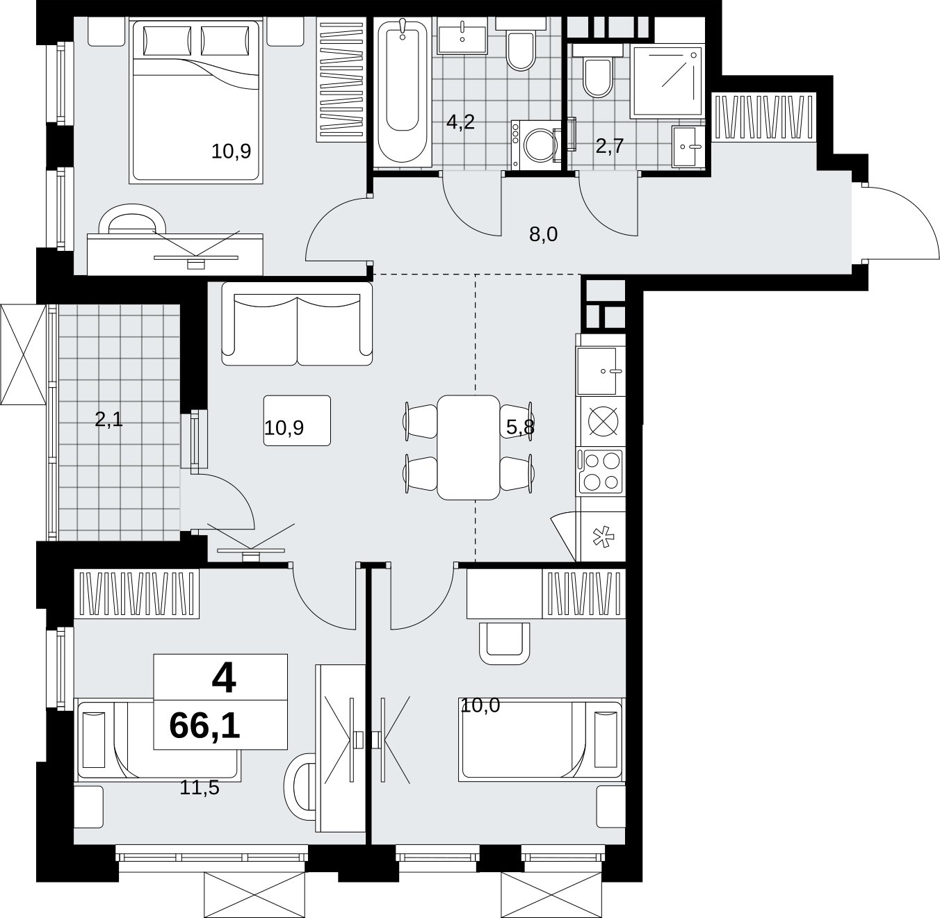 4-комнатная квартира (евро) с полной отделкой, 66.1 м2, 12 этаж, сдача 1 квартал 2027 г., ЖК Скандинавия, корпус 2.18.2.3 - объявление 2351421 - фото №1
