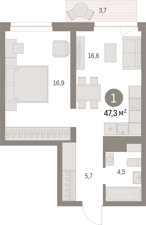 1-комнатная квартира с частичной отделкой, 47.32 м2, 3 этаж, сдача 1 квартал 2025 г., ЖК Первый квартал, корпус Дом 5 - объявление 2281419 - фото №1