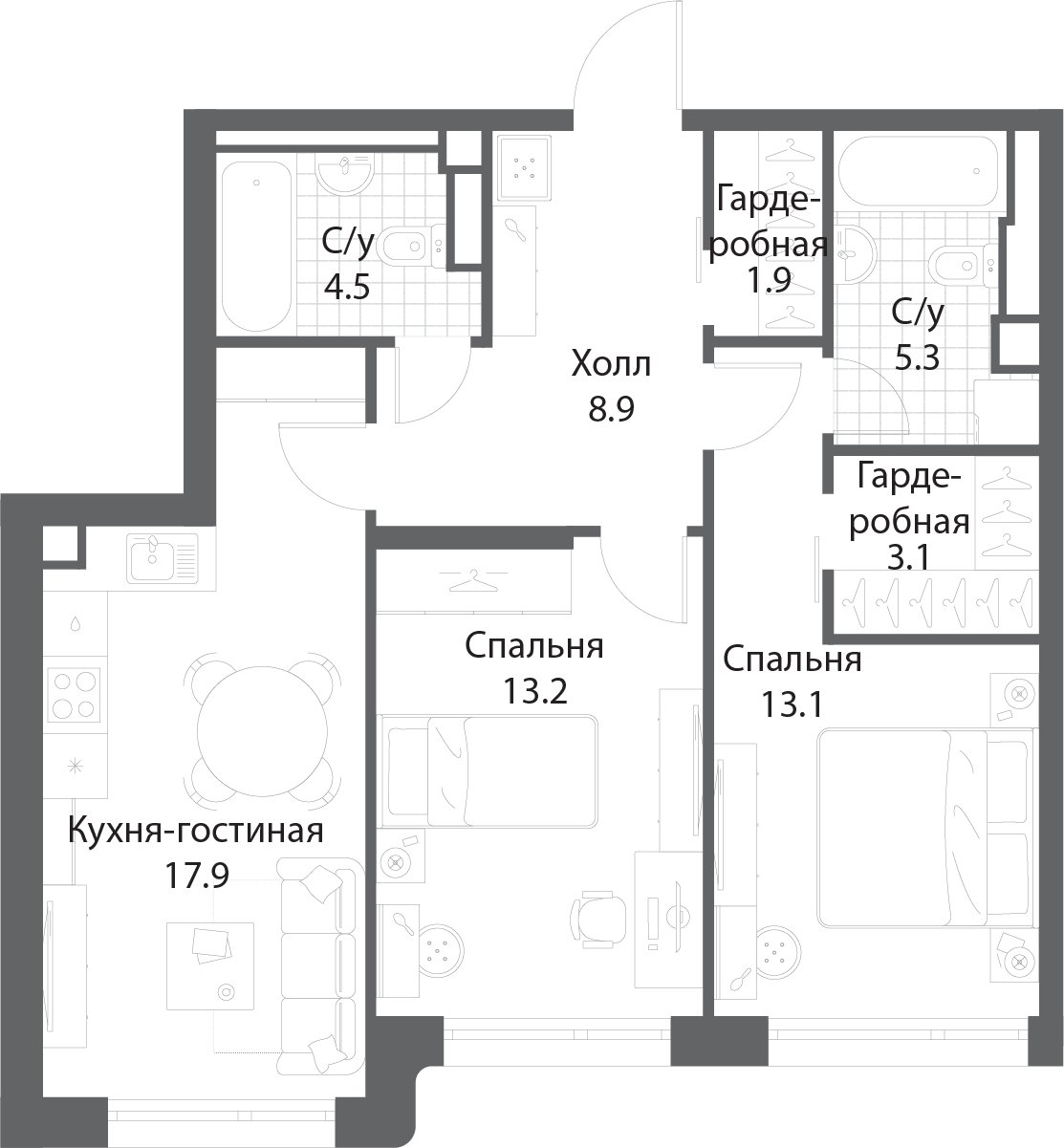 2-комнатная квартира без отделки, 67.9 м2, 19 этаж, сдача 3 квартал 2025 г., ЖК Nagatino i-Land, корпус 2 (3 очередь) - объявление 1978341 - фото №1