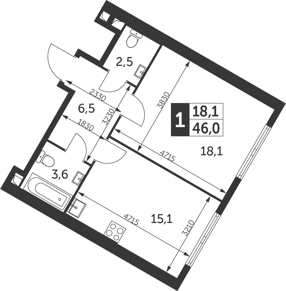 1-комнатная квартира с частичной отделкой, 46 м2, 20 этаж, сдача 4 квартал 2023 г., ЖК Архитектор, корпус 1 - объявление 2207504 - фото №1