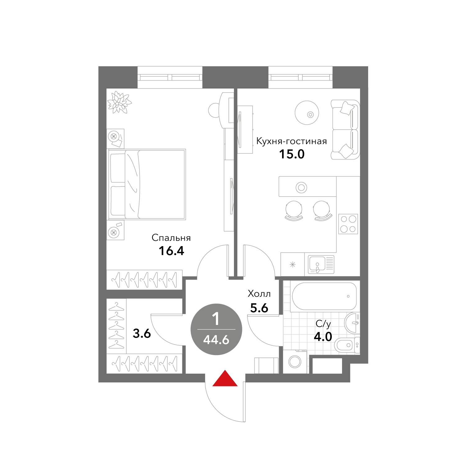 1-комнатные апартаменты без отделки, 44.6 м2, 14 этаж, сдача 3 квартал 2025 г., ЖК VOXHALL, корпус 4 - объявление 1981081 - фото №1