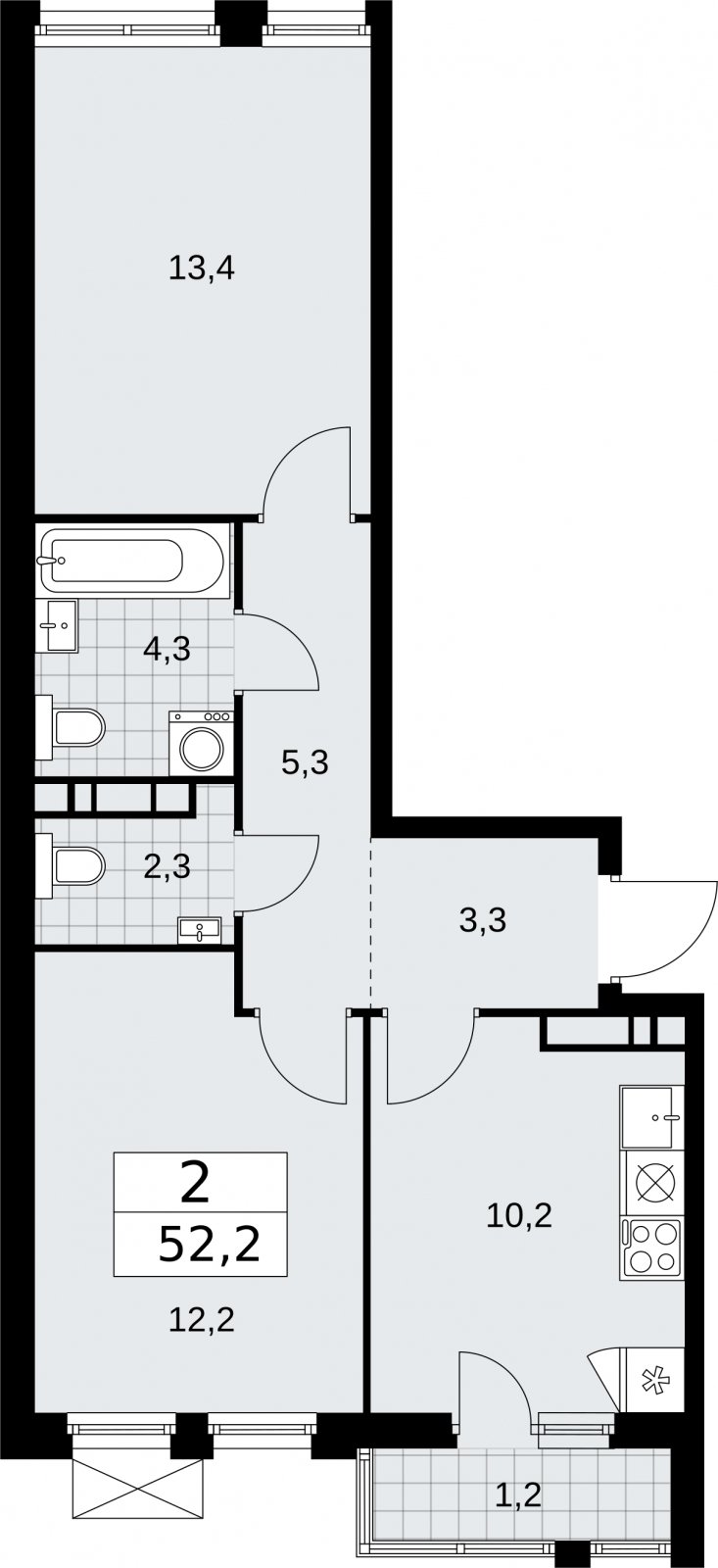 2-комнатная квартира с частичной отделкой, 52.2 м2, 10 этаж, сдача 2 квартал 2026 г., ЖК Бунинские кварталы, корпус 5.1 - объявление 2296943 - фото №1
