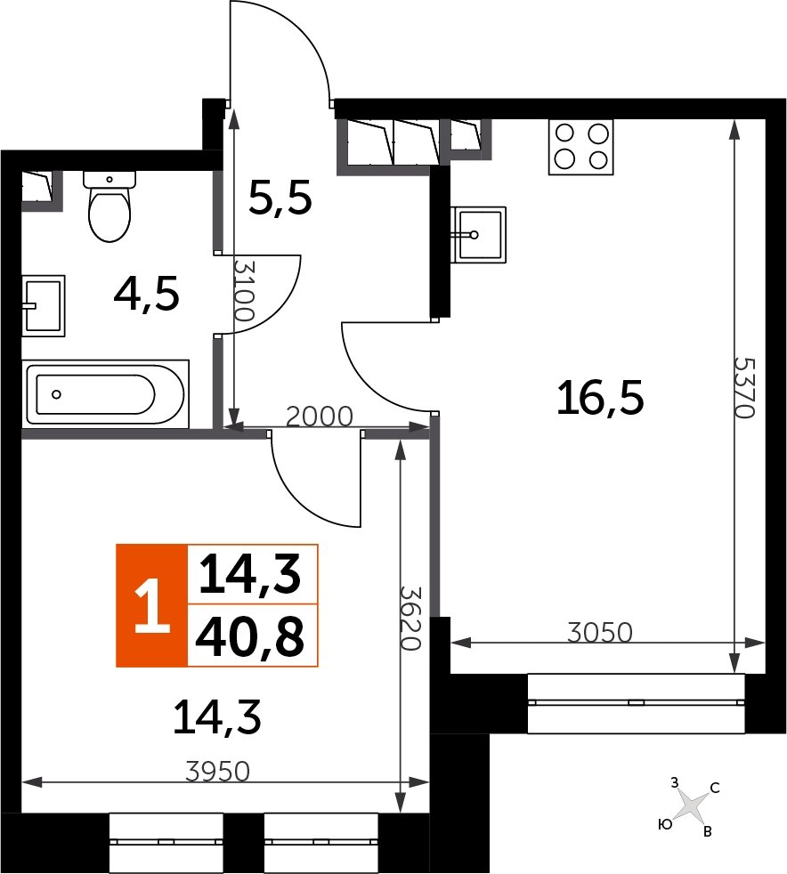 1-комнатная квартира с частичной отделкой, 40.8 м2, 2 этаж, сдача 3 квартал 2024 г., ЖК Sydney City, корпус 2.1 - объявление 2207300 - фото №1