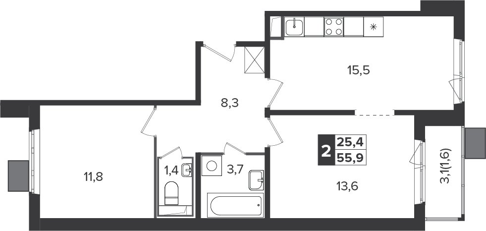2-комнатная квартира без отделки, 55.6 м2, 24 этаж, дом сдан, ЖК Южная Битца, корпус 6 - объявление 2207970 - фото №1