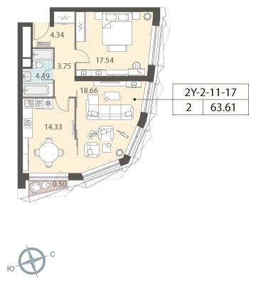 2-комнатная квартира 63.3 м2, 12 этаж, дом сдан, ЖК ЗИЛАРТ, корпус ZILART DIAMOND - объявление 1943856 - фото №1